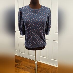 Lucky Brand Blue and Brick Puff Sleeve Fitted Blouse
